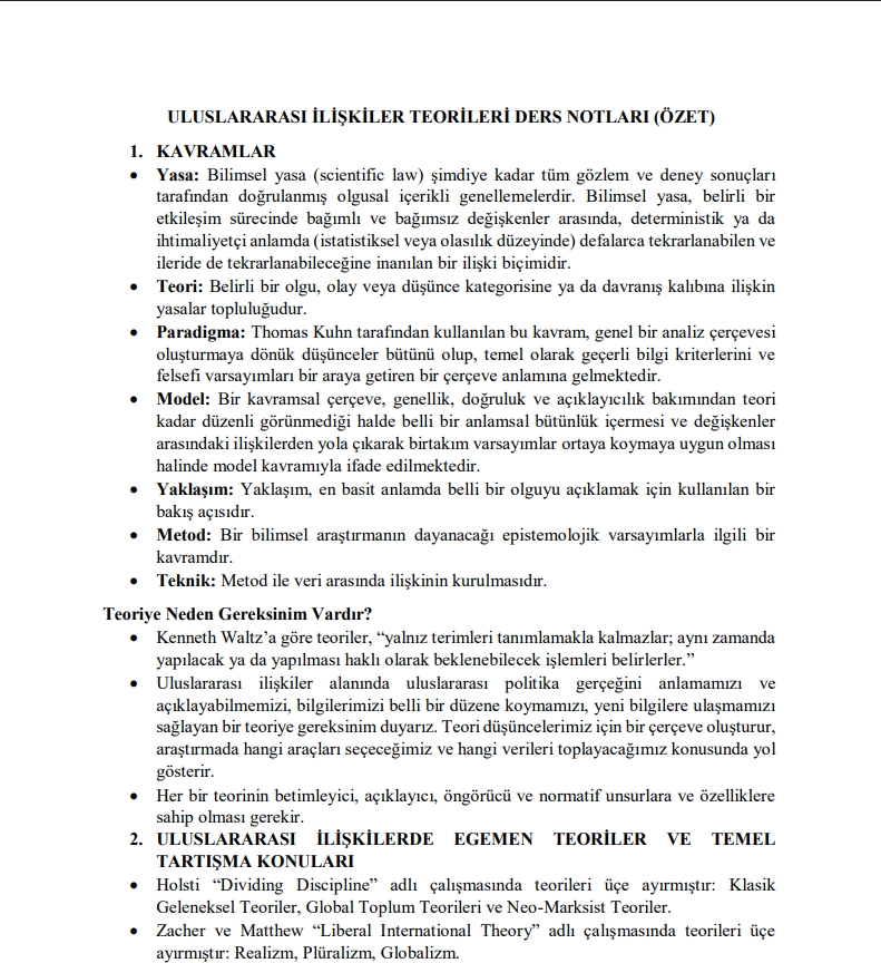 Uluslararası İlişkiler Teorileri 1 Notları ve Çıkmış Soruları                                                                                                                                                                                             